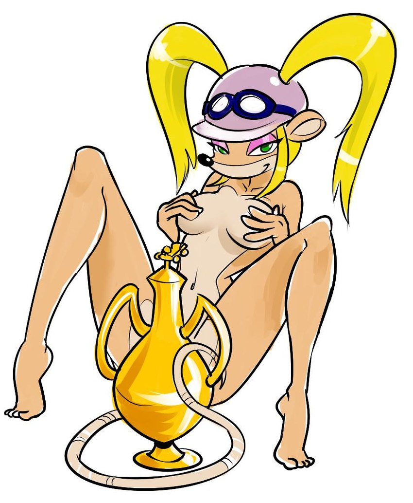 anthro award barefoot blonde_hair breasts clothing convenient_censorship covered_nipples covering covering_breasts eyewear eyewear_on_head feet female goggles goggles_on_head green_eyes hair hat headgear headwear legs_up long_hair nude pigtails small_breasts smile solo trophy mario-grant activision crash_bandicoot_(series) crash_team_racing_(series) crash_team_racing_nitro-fueled pasadena_o'possum american_opossum mammal marsupial virginia_opossum censored