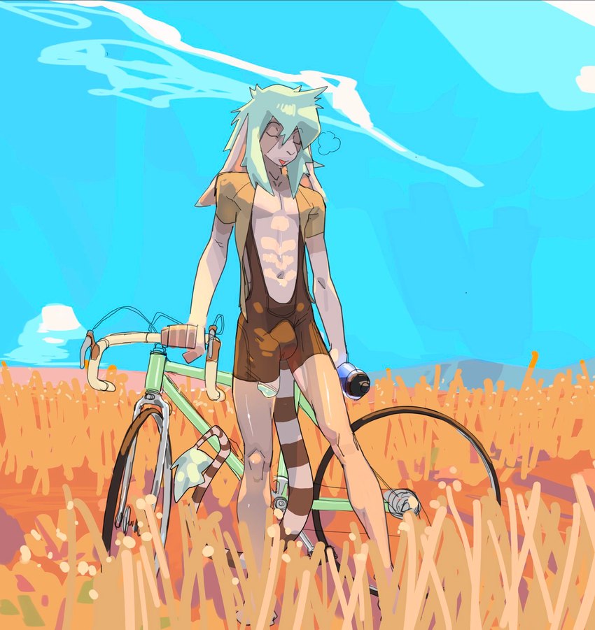 abs anthro bicycle big_penis bulge detailed_bulge eyes_closed fields genital_outline genitals male penis penis_outline penis_poking_out penis_through_leghole resting skinny solo vehicle lambrey lagomorph leporid mammal rabbit hi_res