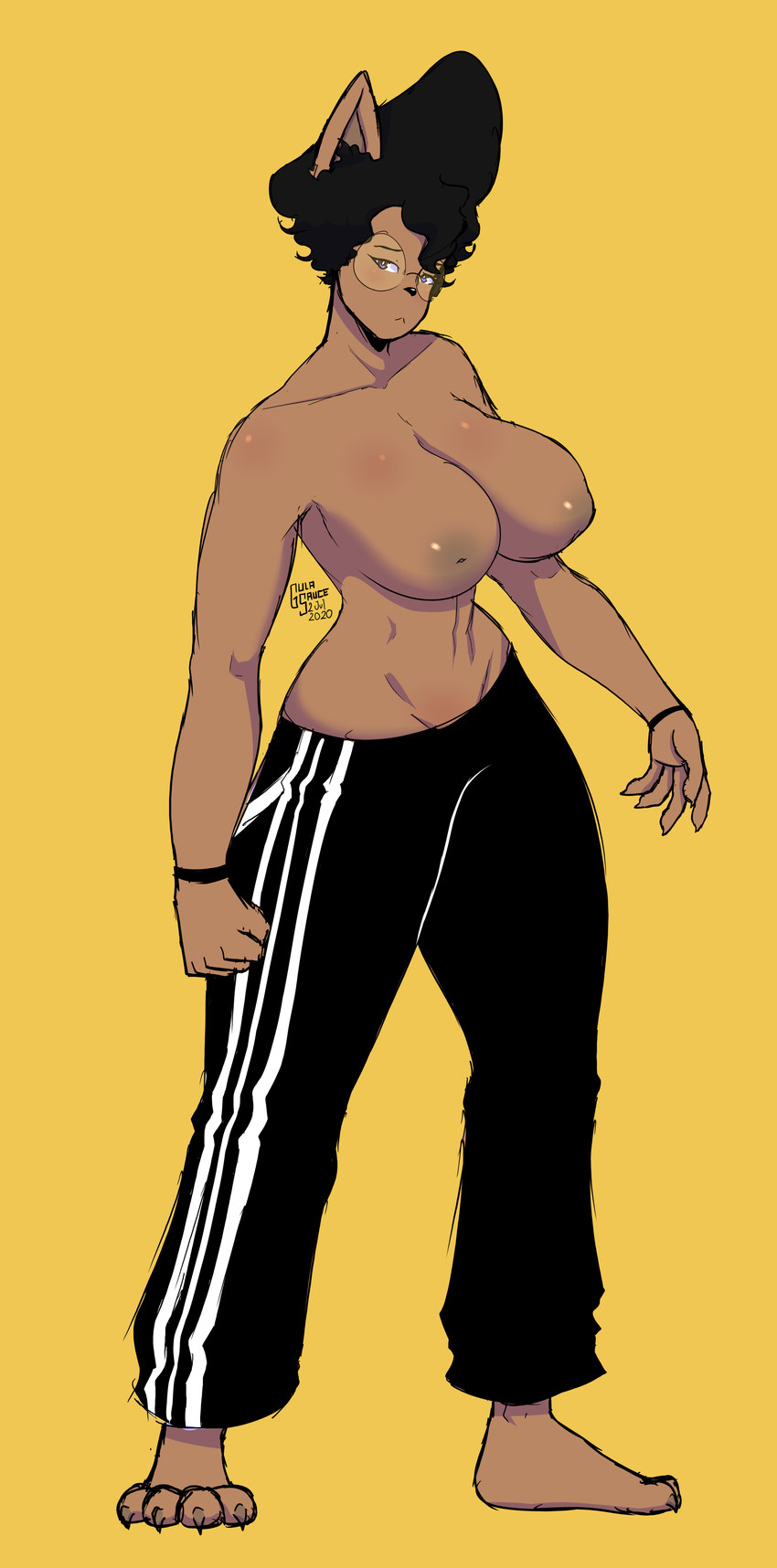 anthro areola athletic athletic_anthro athletic_female big_breasts breasts brown_body brown_fur clothed clothing eyewear female fur glasses nipples simple_background solo topless gulasauce_(artist) mia_helsinki domestic_cat felid feline felis mammal absurd_res hi_res