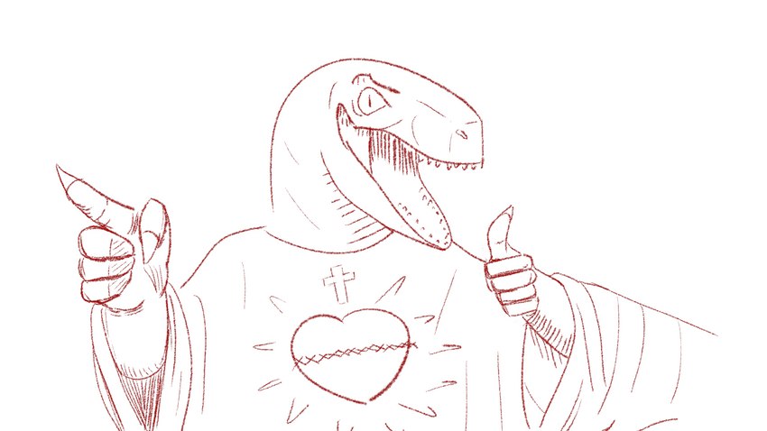 clothing cross gesture hand_gesture male open_mouth robe simple_background thumbs_up raptor_jesus dinosaur dromaeosaurid prehistoric_species reptile scalie theropod velociraptor 16:9 hi_res widescreen