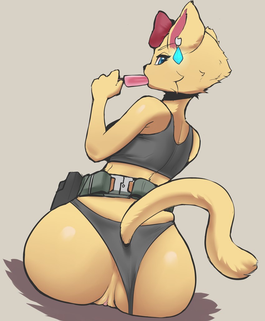 anthro butt clothed clothing dessert ear_piercing ear_ring female food fur genitals ice_cream looking_at_viewer piercing pussy ring_piercing simple_background solo cecily_lin felid feline felis mammal absurd_res hi_res