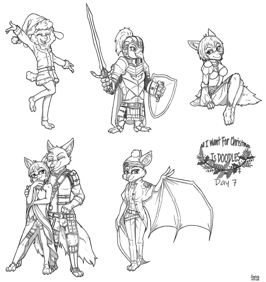 anthro clothing costume duo female holidays male paladin santa_costume solo wings ziegelzeig bad_guy_cafe christmas evelina_abaryss_(marcusweiss) heleina_(marcusweiss) marcus_weiss_(marcusweiss) puffy_waddleton_(amras) sully_kerrigan tonapaca_(tonakuma) alpaca bat camelid canid canine fox mammal 2022 black_and_white hi_res monochrome sketch