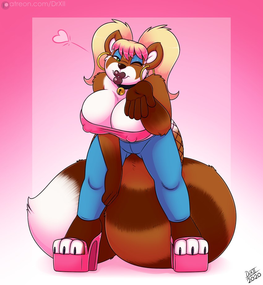 anthro bell bell_collar big_breasts bimbo_(fashion) blowing_kiss breasts clothed clothing collar ear_piercing ear_ring erect_nipples female footwear fur hair heart_reaction heart_symbol heart_wink high_heels highlights_(coloring) hoop_ear_ring huge_breasts long_tail looking_at_viewer nipple_outline nipples one_eye_closed piercing pink_highlights platform_footwear platform_heels ring_piercing shoes simple_background smile solo tail wink drxii blizzard_entertainment warcraft ailurid bear mammal pandaren red_panda red_pandaren 2020 digital_media_(artwork) hi_res