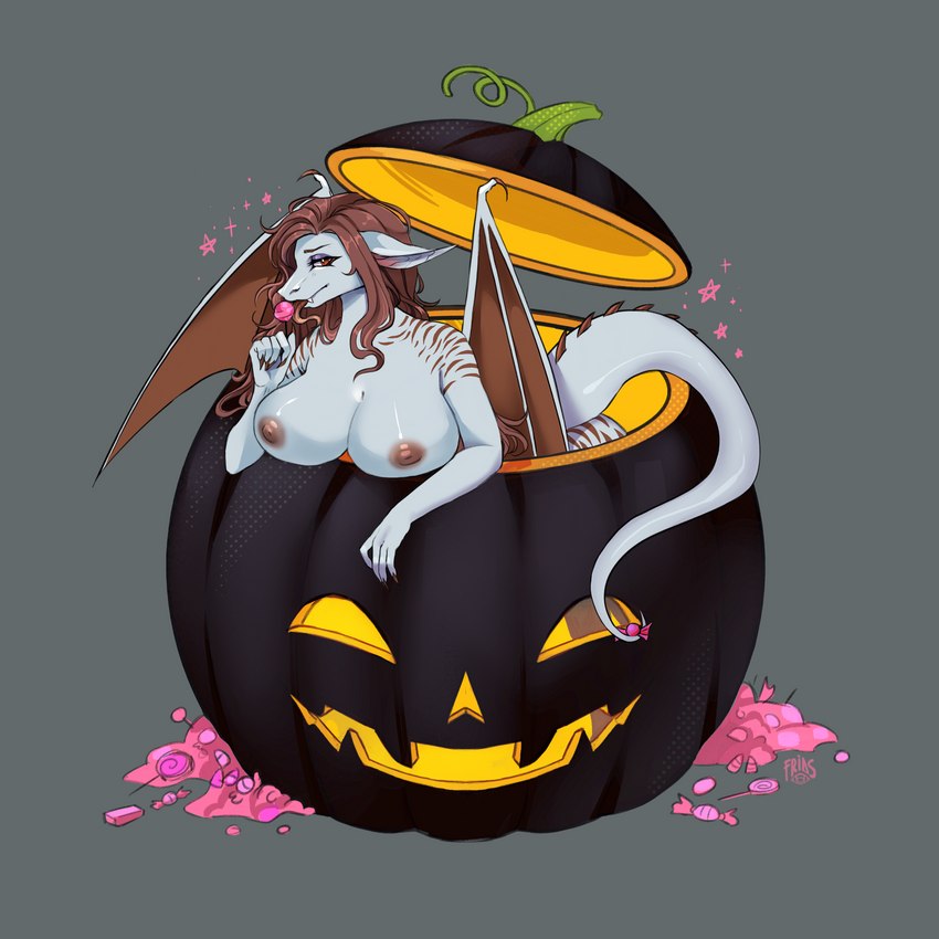 anthro breasts butt candy dessert female food fruit holidays intersex nipples non-mammal_breasts non-mammal_nipples plant pumpkin smile solo tail tongue wings friddscat halloween mythology ych_(character) dragon mythological_creature mythological_scalie scalie 1:1 hi_res