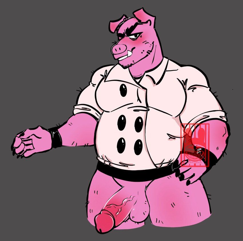 anthro chef_uniform clothing fur genitals male mature_male musclegut muscular penis pink_body pink_fur solo topwear skitssin lego lego_monkie_kid pigsy_(lego_monkie_kid) mammal suid suina sus_(pig) hi_res