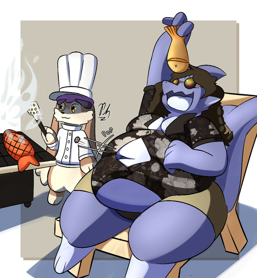 ambiguous_gender anthro belly belly_expansion belly_inflation big_belly big_butt bloated bodily_fluids butt button_(fastener) button_pop clothing duo expansion feederism feeding floral_clothing fluffy food food_fetish huge_belly inflation male male/male navel onomatopoeia overweight overweight_anthro restaurant sound_effects stuffing text wardrobe_malfunction weight_gain phantomdgen fish lagomorph leporid mammal marine rabbit shark colored digital_drawing_(artwork) digital_media_(artwork) hi_res