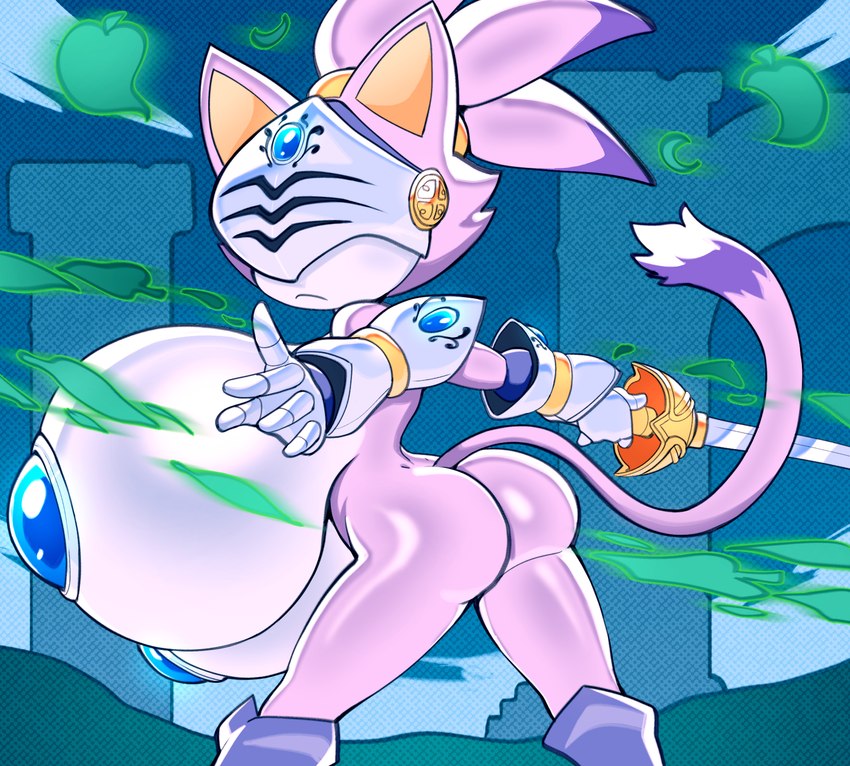 anthro armor big_breasts breasts butt clothing dipstick_tail female gauntlets gloves handwear holding_rapier huge_breasts hyper markings mask melee_weapon mostly_nude multicolored_body rapier solo sword tail tail_markings two_tone_body weapon angstrom sega sonic_and_the_black_knight sonic_storybook_series sonic_the_hedgehog_(series) blaze_the_cat sir_percival_(sonic_and_the_black_knight) domestic_cat felid feline felis mammal 2025 hi_res