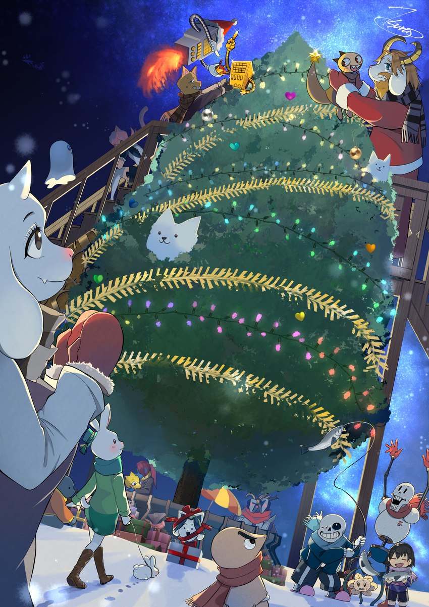 ambiguous_gender anthro armless beard blonde_hair bone breasts clothed clothing facial_hair female fur gift group hair holidays horn long_ears machine male open_mouth ornament plant simple_background skeleton topwear tree white_body tsurup0210 christmas undertale undertale_(series) alphys annoying_dog_(undertale) asgore_dreemurr flowey_the_flower frisk_(undertale) mad_dummy mettaton monster_kid napstablook papyrus_(undertale) sans_(undertale) temmie_(undertale) toriel undyne bovid canid canine canis caprine domestic_dog felid feline ghost goat lagomorph leporid mammal rabbit reptile robot scalie spirit tem absurd_res hi_res