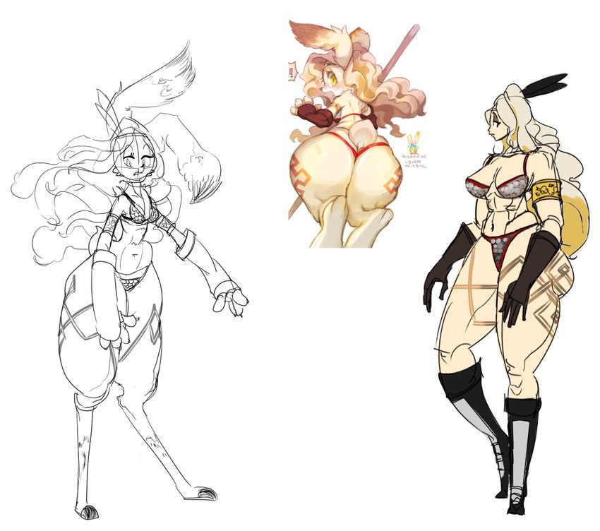 alternate_species anthro armor big_butt bikini boots breasts butt cleavage clothed clothing exclamation_point female fingerless_gloves footwear gloves hair handwear kemono muscular shoes simple_background swimwear thick_thighs two-piece_swimsuit unconvincing_armor white_background white_hair rikose ultrahand dragon's_crown odin_sphere vanillaware amazon_(dragon's_crown) human lagomorph leporid mammal pooka rabbit sketch