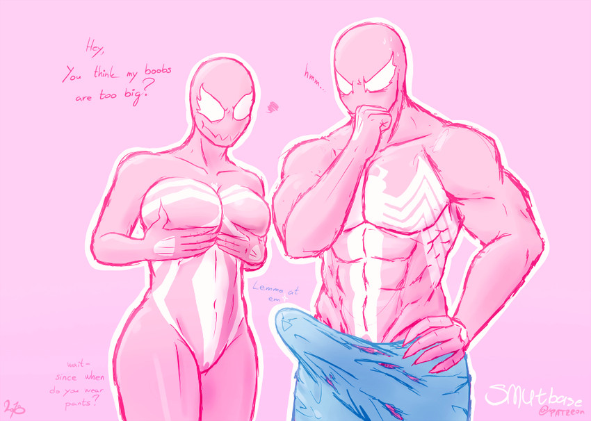 black_body breast_grab breasts claws clothed clothing dialogue duo erection fangs female genitals hand_on_breast humor looking_at_bulge looking_at_genitalia looking_at_penis male male/female muscular muscular_male partially_clothed penis simple_background smile teeth text smutbase marvel she-venom venom_(marvel) humanoid symbiote english_text