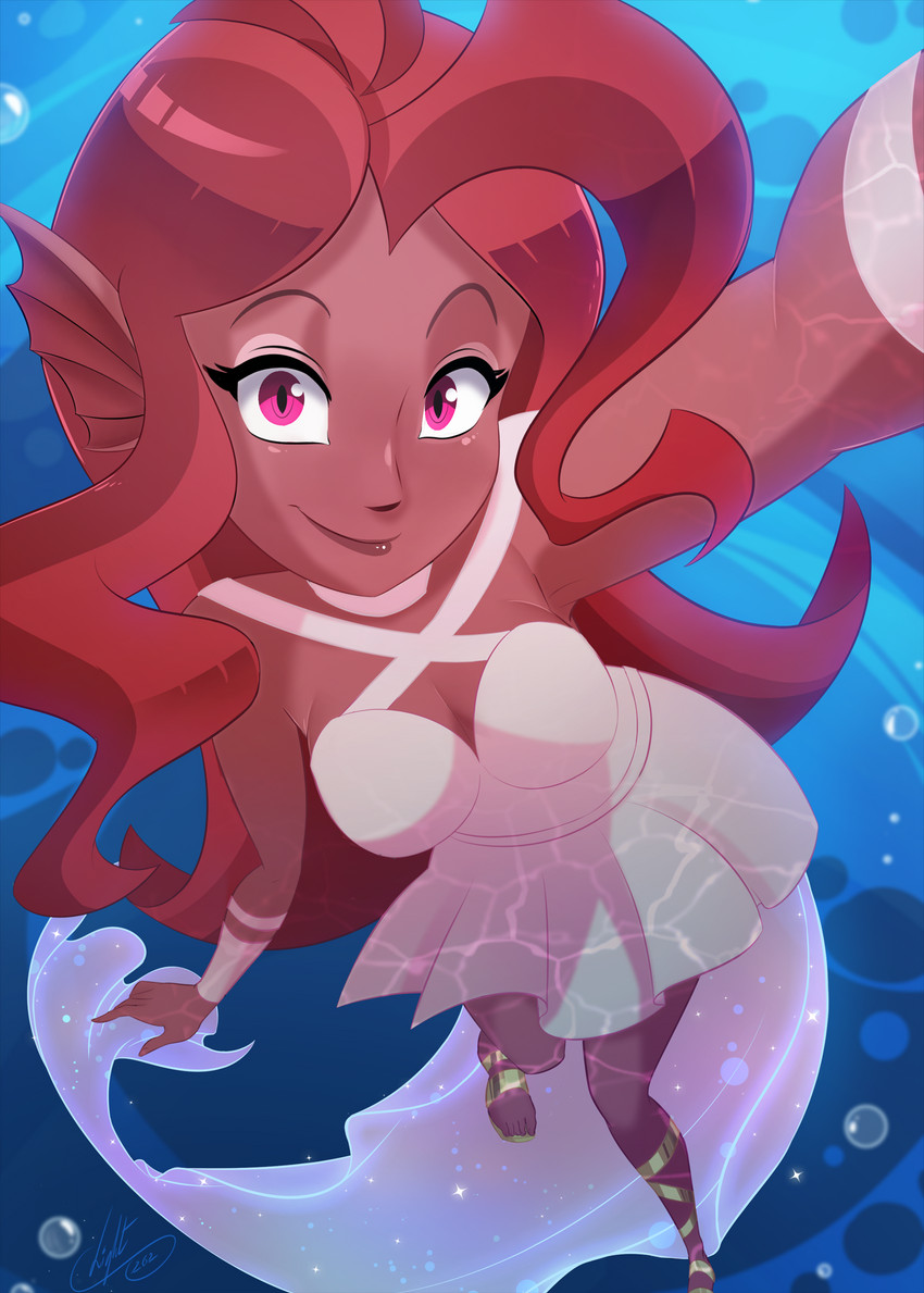 breasts bubble cleavage clothed clothing dress female hair looking_at_viewer pupils purple_eyes red_hair selfie slit_pupils solo underwater water light262 hasbro my_little_pony fan_character mezma_(oc) humanoid siren siren_humanoid hi_res