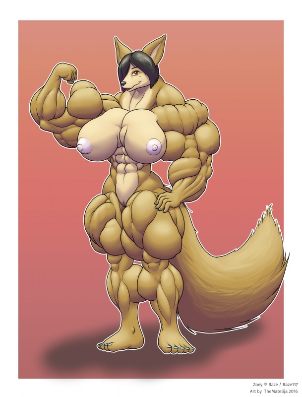 abs anthro biceps big_breasts big_muscles black_hair breasts female genitals hair huge_breasts huge_muscles hyper hyper_muscles muscular muscular_anthro muscular_female navel nipples nude pose pussy smile solo thematelija canid canine fennec_fox fox mammal true_fox 2016 absurd_res hi_res