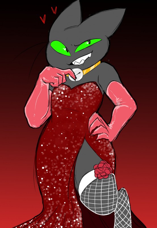 anthro bell bell_collar black_body black_fur clothed clothing collar crossdressing dress fishnet_clothing fur gloves grin handwear heart_symbol legwear male sequin_gown smile solo stockings thigh_window pawbeanshq cartoon_network mao_mao:_heroes_of_pure_heart sheriff_mao_mao_mao domestic_cat felid feline felis mammal hi_res