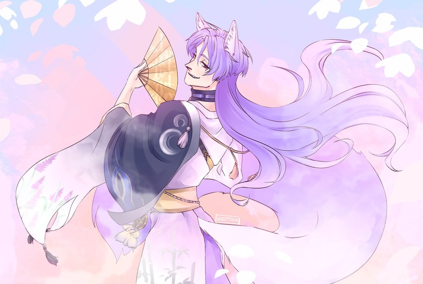 ambiguous_gender asian_clothing clothed clothing east_asian_clothing hair japanese_clothing kimono long_hair obi paper_fan pointy_ears prick_ears purple_hair smile solo gretta14 nu:_carnival kuya_(nu:_carnival) animal_humanoid canid canid_humanoid canine canine_humanoid fox_humanoid humanoid mammal mammal_humanoid cool_colors hi_res purple_theme