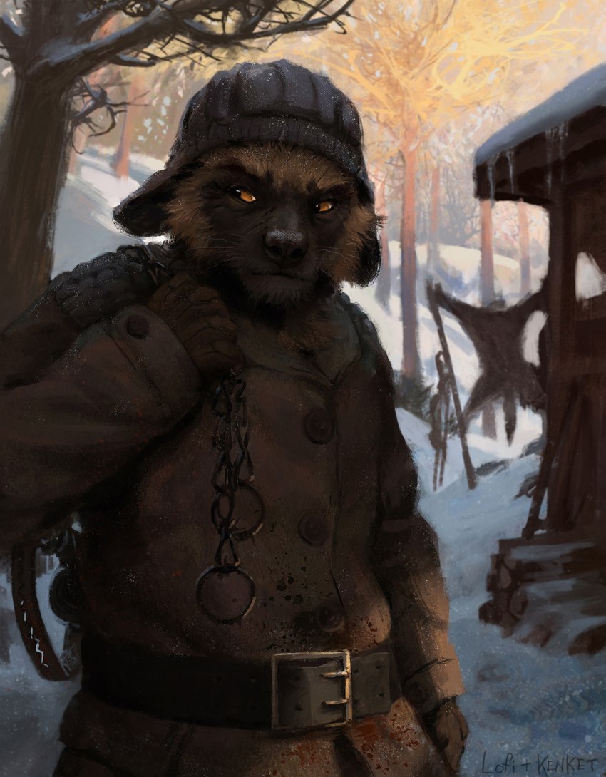 anthro bear_trap belt biped black_nose brown_body brown_fur brown_sclera chain clothed clothing coat detailed_background forest front_view fur gloves handwear hat headgear headwear humanoid_hands hunter male outside plant snow solo standing topwear trap_(contrivance) tree winter hax_(artist) kenket lofi gulonine mammal mustelid musteline wolverine 2015 detailed digital_media_(artwork) digital_painting_(artwork) hi_res