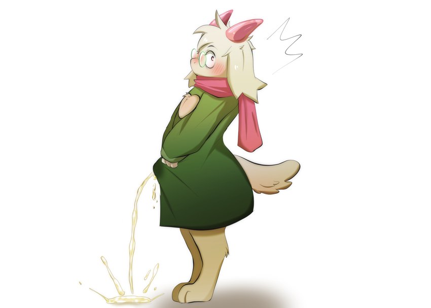 anthro aroused barefoot blush bodily_fluids clothed clothing digitigrade dress erection_through_clothing feet femboy genital_fluids horn male peeing_through_clothing shocked solo toes urine watersports wet wet_clothing sheepsheepbeep deltarune undertale_(series) ralsei bovid caprine goat mammal hi_res