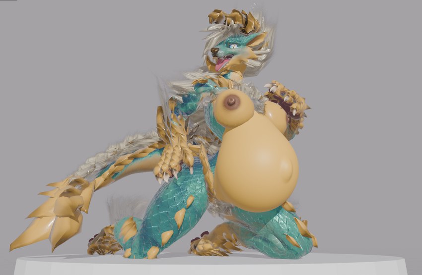 anthro belly big_belly breasts female hand_on_breast hand_on_hip kneeling looking_at_viewer nipples open_mouth platform pregnant pregnant_anthro pregnant_female scales solo spines tail tongue tongue_out apekweit phrostbite capcom monster_hunter zinogre_(apekweit) fanged_wyvern zinogre 3d_(artwork) blender_(artwork) digital_media_(artwork) hi_res