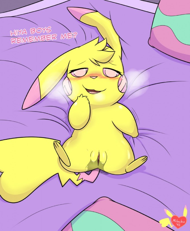 bed bedroom_eyes blush bodily_fluids cleft_tail female feral fur furniture genital_fluids genitals half-closed_eyes looking_at_viewer lying narrowed_eyes on_back open_mouth pillow presenting presenting_pussy pussy seductive smile solo spread_legs spreading tail text thick_thighs tongue vaginal_fluids wide_hips milachu92 nintendo pokemon fan_character milachu generation_1_pokemon pikachu pokemon_(species) english_text hi_res