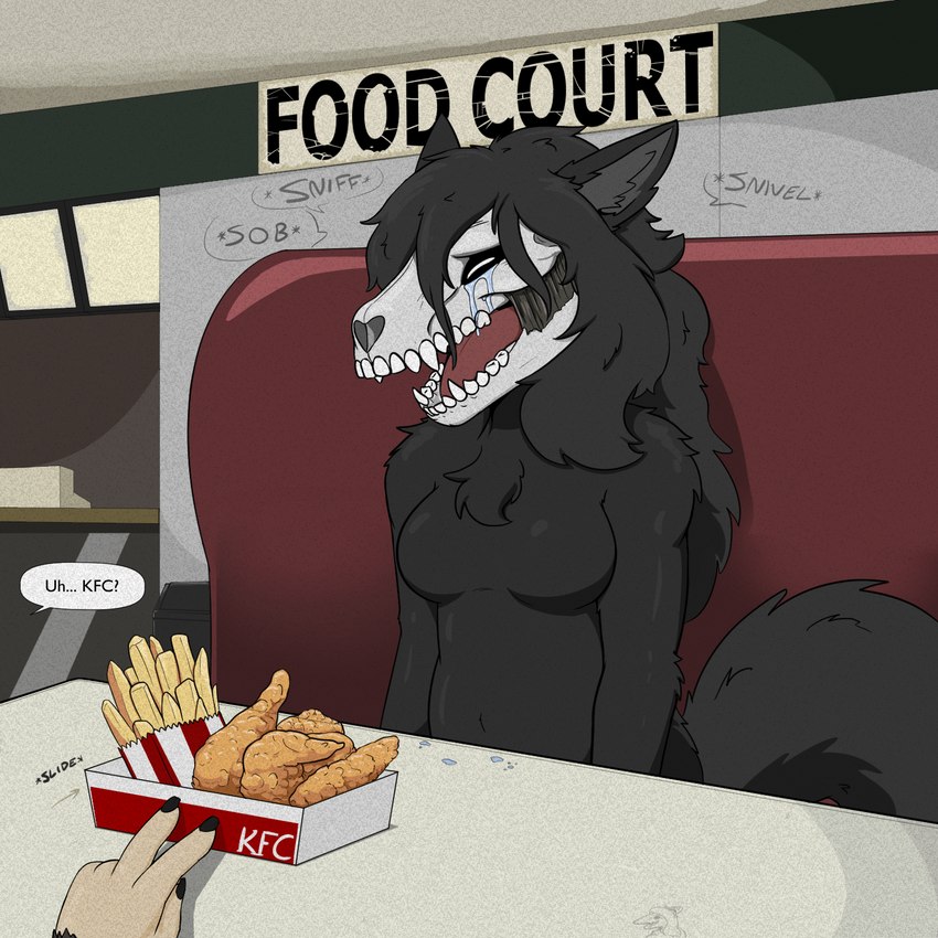 anthro black_hair bodily_fluids bone breasts chicken_meat chips_(food) crying detailed_background fast_food_(food) fast_food_restaurant featureless_breasts female food food_court fried_chicken furniture hair inside meat restaurant sad sitting solo table tears evergreenplate kfc scp_foundation scp-1471-a canid malo mammal monster 1:1 hi_res