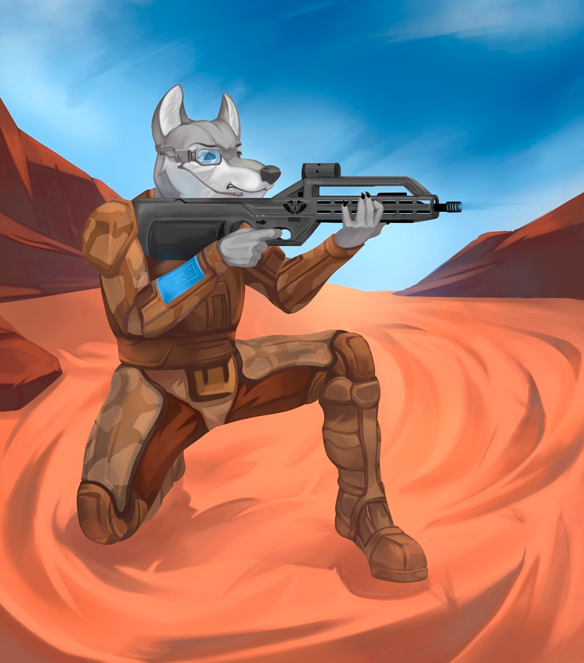 aiming anthro armor black_nose clothed clothing cloud desert electronics eyebrows eyewear fully_clothed fur goggles grey_body grey_fur gun headgear headphones headset headset_microphone inner_ear_fluff kneeling long_snout male military military_clothing mountain nails outside ranged_weapon rifle rock sand simple_background sky skyscape snout solo teeth tuft weapon thepimpartist opekun canid canine canis mammal wolf 2020 hi_res traditional_media_(artwork)