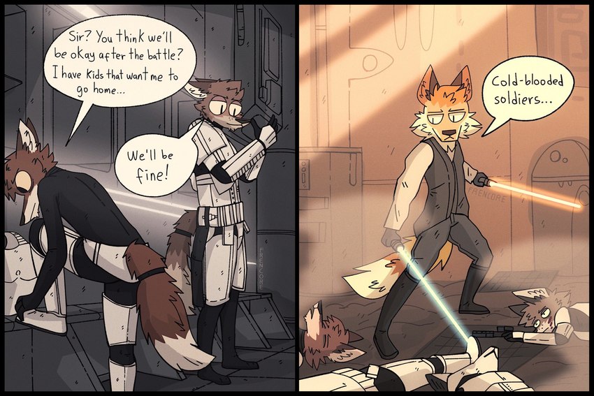 anthro blue_lightsaber brown_body brown_fur death dialogue dual_wielding fur group holding_lightsaber holding_object holding_weapon jedi lightsaber male melee_weapon orange_lightsaber sad speech_bubble standing text war weapon frencore star_wars stormtrooper canid canine canis fox mammal wolf english_text hi_res