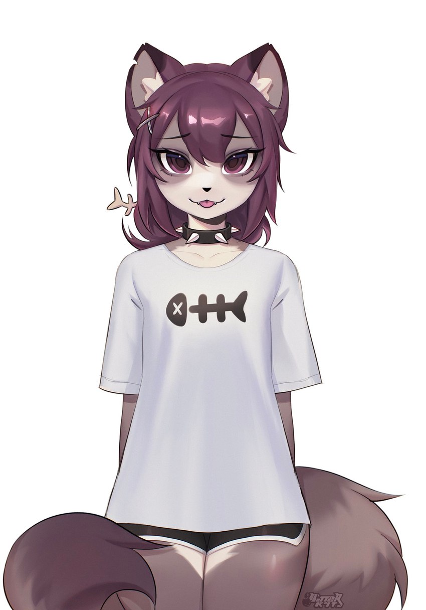 aegyo_sal anthro biped black_hotpants blep bottomwear clothing collar countershade_torso countershading dolphin_shorts female fishbone fishbone_print grey_tail hair inner_ear_fluff notched_ear shirt shorts simple_background solo spiked_collar spikes t-shirt tail tongue tongue_out topwear tuft white_background white_clothing white_shirt white_t-shirt white_topwear bitterk4t nicky_(bitterk4t) domestic_cat felid feline felis hybrid mammal procyonid raccoon 2024 digital_drawing_(artwork) digital_media_(artwork) hi_res portrait three-quarter_portrait