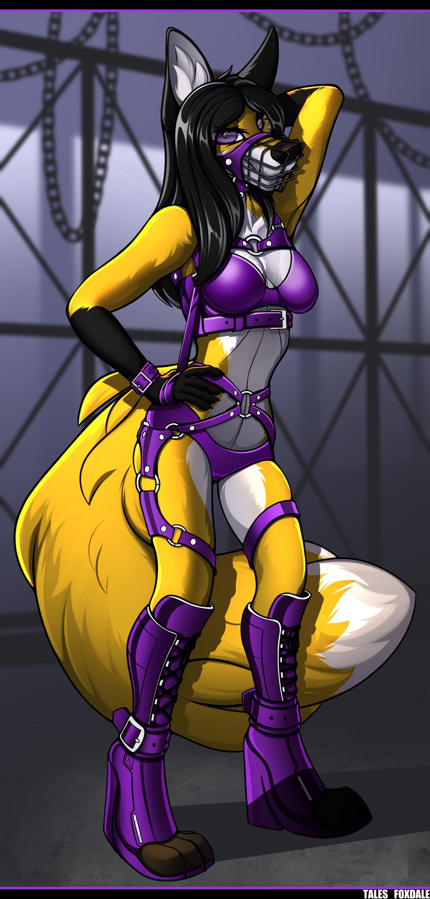 anthro bdsm black_bars bondage bondage_gear bound breasts clothing detailed_background female fur hair looking_at_viewer muzzle_(object) muzzled restraints simple_background solo submissive white_body yellow_body yellow_fur tales_foxdale rocksy canid canine fox mammal absurd_res digital_media_(artwork) hi_res letterbox