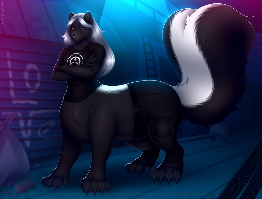 alley big_bulge bulge digitigrade graffiti male male_taur paws quadruped regan_shunk regen_shunk solo almond_deer scp_foundation mammal mammal_taur mephitid mephitid_taur skunk skunk_taur taur absurd_res hi_res