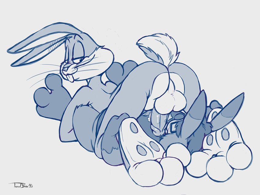 69_position anthro balls butt duo feet genitals hindpaw male male/male oral pawpads paws penis sex sitting teaselbone looney_tunes warner_brothers bugs_bunny lagomorph leporid mammal rabbit 2022 4:3 blue_and_white monochrome