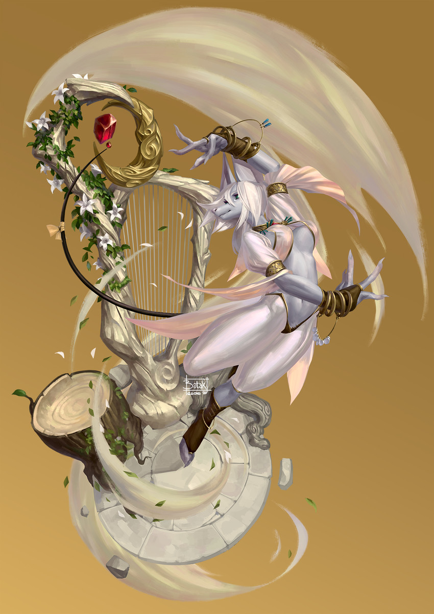 4_fingers anthro breasts clothing female fingers flower gold_(metal) gold_jewelry green_eyes hair harp jewelry musical_instrument navel orange_background plant plucked_string_instrument pubes simple_background solo string_instrument tree_stump white_body white_hair botak final_fantasy final_fantasy_ix square_enix freya_crescent burmecian felid mammal rodent 2020 hi_res