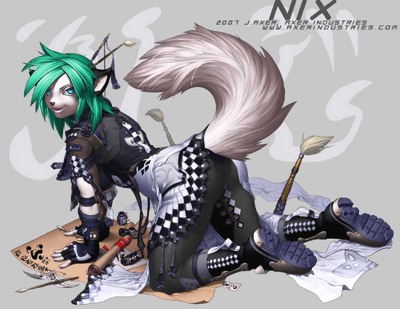 alternative_fashion anthro blue_eyes boots brush butt calligraphy canvas clothed clothing feet female footwear green_hair hair looking_at_viewer paintbrush shoe_soles shoes soles solo tail text y2k_(graphic_design) j_axer nix felid mammal unknown_species 2007 url