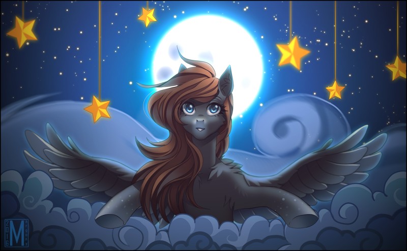 blue_eyes brown_hair cloud feathered_wings feathers female feral fur grey_body grey_feathers grey_fur hair hooves looking_at_viewer night outside sky smile solo star starry_sky wings margony hasbro my_little_pony mythology fan_character equid equine mammal mythological_creature mythological_equine pegasus 2016 digital_media_(artwork) hi_res shaded