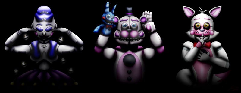 ballora, funtime foxy, funtime freddy, and puppet bonnie (five nights at freddy's and etc) created by rebexorcist