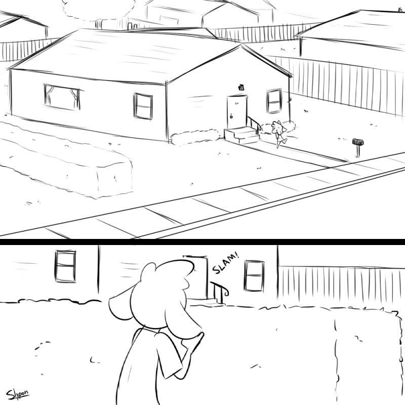 anthro building clothed clothing door duo female fence hedge house lawn mailbox male neighborhood outside plant shirt shrub side_view sidewalk stalking standing street topwear towel urban window wood wood_fence slypon tom_(ehs) bovid caprine domestic_sheep mammal sheep 1:1 black_and_white comic digital_drawing_(artwork) digital_media_(artwork) monochrome