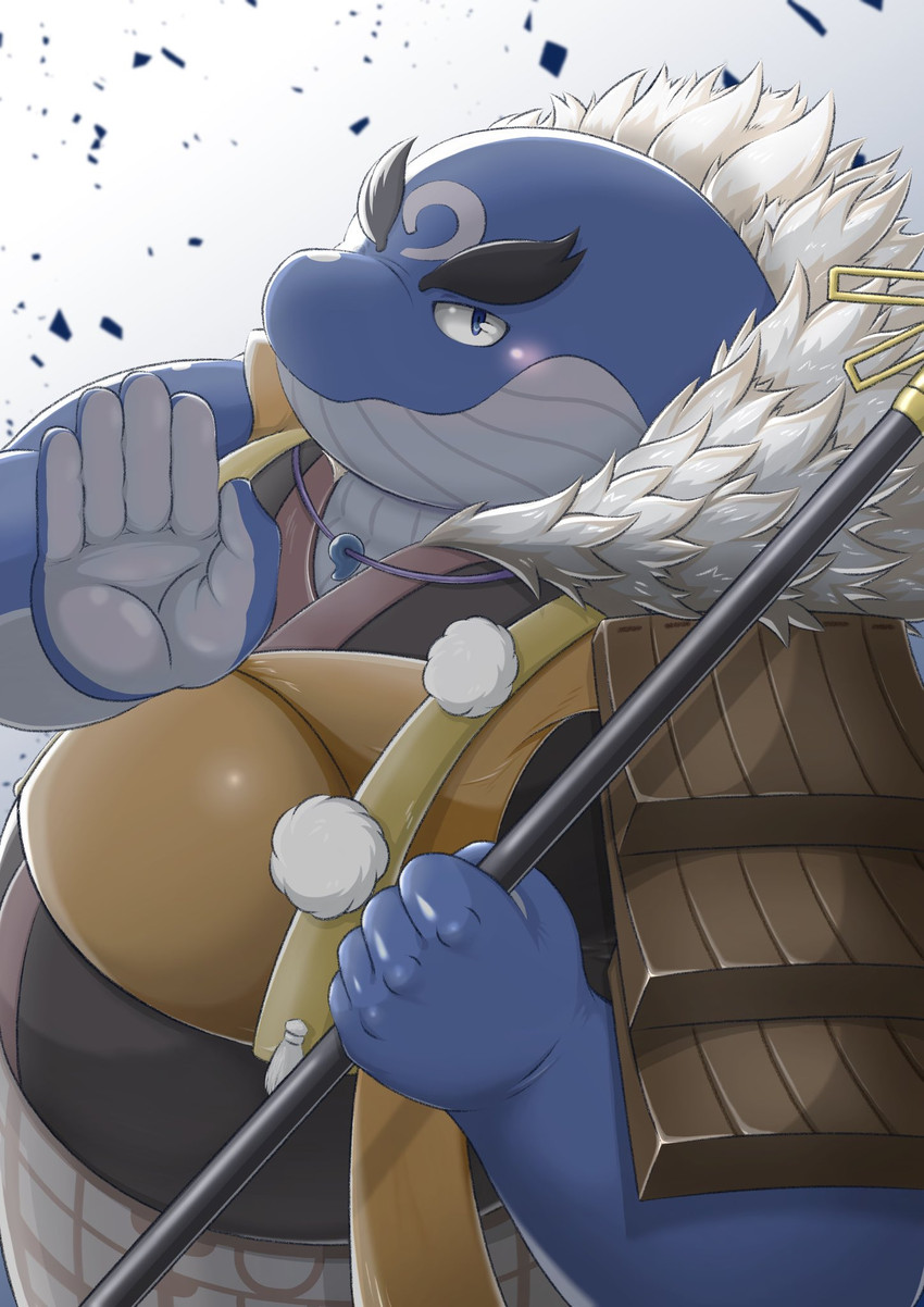 anthro belly blue_body blush clothed clothing kemono male overweight overweight_anthro overweight_male solo weapon jinku_56 tamacolle kii_(tamacolle) marine 2020 hi_res