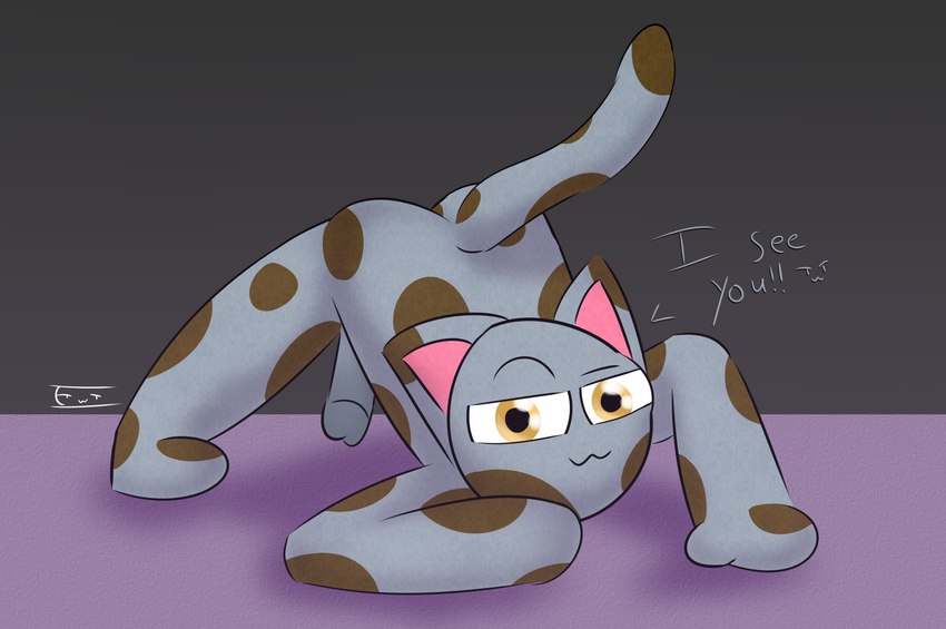 :3 all_fours anthro ass_up dialogue eyebrows fur genitals glans grey_body grey_fur humanoid_genitalia humanoid_penis jack-o'_pose looking_at_viewer male markings nude penis pose raised_eyebrow simple_background solo spots spotted_body spotted_fur text eftiinsfw efty domestic_cat felid feline felis mammal absurd_res english_text hi_res