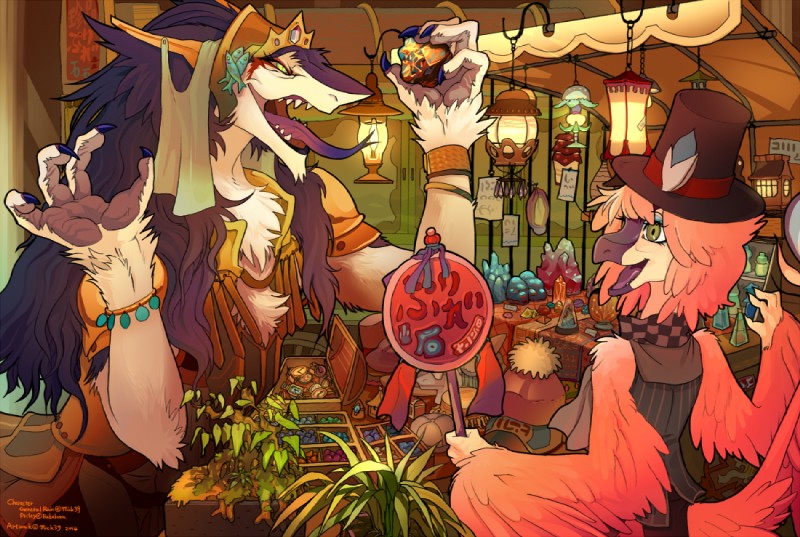 anthro claws clock clothed clothing crown duo female forked_tongue green_eyes hat headgear headwear inside jewelry lamp lantern long_tongue male plant shopping store tongue tongue_out top_hat watch wristwatch mick39 priley rain_silves avian mammal nevrean sergal