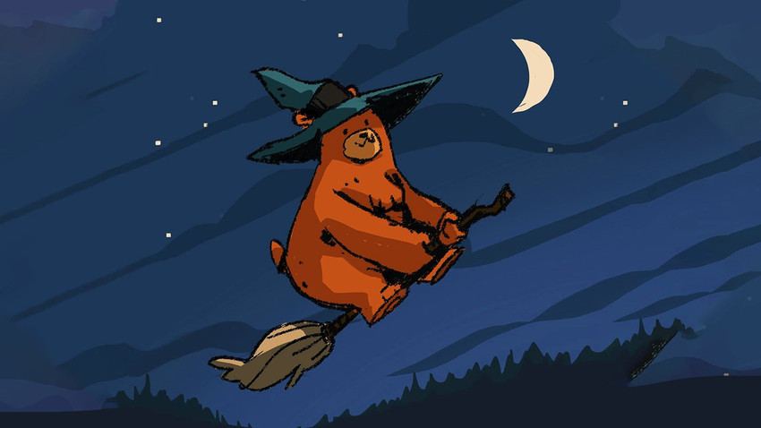 :3 broom broom_riding brown_body brown_fur cleaning_tool clothing feral fur hat headgear headwear moon night outside overweight overweight_feral solo witch_hat grimbanana bear_and_breakfast hank_(bear_and_breakfast) bear mammal 16:9 2020 official_art widescreen