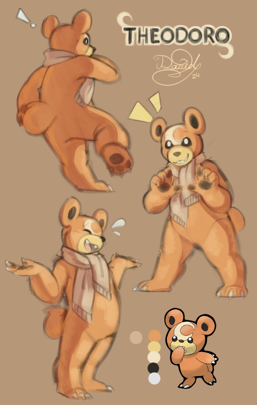 anthro black_sclera bodily_fluids brown_background brown_nose brown_pawpads exclamation_point gesture happy male multiple_poses pawpads pose scarf shrug simple_background smile solo standing sweat sweatdrop tan_scarf white_eyes daviddarient203 nintendo pokemon theodoro_(daviddarient203) bear generation_2_pokemon mammal pokemon_(species) teddiursa hi_res model_sheet watermark