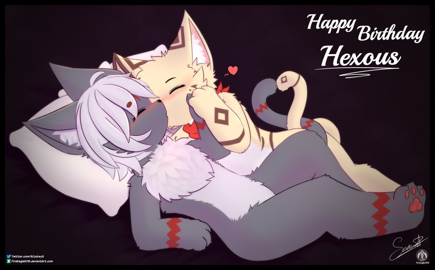 ahoge anthro blush border claws duo entwined_tails eyes_closed fur fur_markings hair hand_holding kissing lying male male/male markings paws pillow scarf tail tail_coil text transparent_border senz asian_mythology east_asian_mythology japanese_mythology mythology hexous_kenogami nobu_(nobusuke) bakeneko felid feline mammal yokai absurd_res alpha_channel hi_res