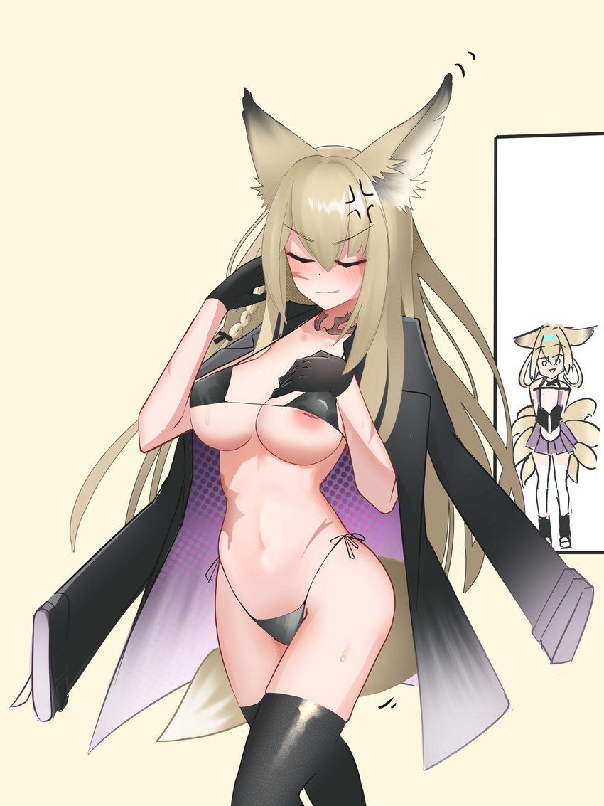 abdominal_scar animal_ears animal_tail annoyed areola big_breasts bikini black_bikini black_body black_clothing black_fur black_gloves black_handwear black_legwear black_swimwear black_thigh_highs blonde_hair blush blush_lines bodily_fluids breasts clothing coat_over_shoulders cross-popping_vein dipstick_ears dipstick_tail ear_markings eyelashes eyes_closed facial_scar female front_view fur gloves hair hand_on_chest handwear inverted_nipples legwear long_hair markings multicolored_ears navel neck_tattoo nipple_slip nipples pink_areola pink_nipples scar side-tie_bikini side-tie_clothing side-tie_swimwear simple_background solo string_bikini sweat sweatdrop swimwear tail tail_markings tan_background tan_body tan_skin thick_thighs thigh_highs triangle_bikini two-piece_swimsuit white_body white_fur wide_hips yellow_body yellow_fur tonesword arknights hypergryph studio_montagne vulpisfoglia_(arknights) animal_humanoid canid canid_humanoid canine canine_humanoid fox_humanoid humanoid mammal mammal_humanoid 3:4 absurd_res hi_res