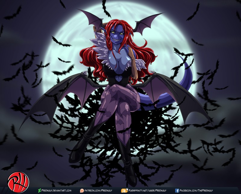 anthro big_breasts blue_body blue_skin breasts cleavage clothed clothing female hair logo membrane_(anatomy) membranous_wings moon red_hair solo text wings mykproject predaguy capcom darkstalkers morrigan_aensland vik_(predaguy) alien bat demon mammal artist_logo hi_res url