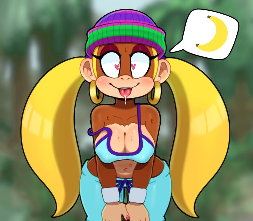 alternative_fashion amekaji anthro armband banana beanie big_breasts blonde_hair bodily_fluids bottomwear breasts brown_body cleavage clothed clothing down_blouse ear_piercing ear_ring female food fruit ganguro_(fashion) gyaru hair hat headgear headwear heart_eyes heart_symbol hoop_ear_ring j-fashion looking_at_viewer nipple_outline off_shoulder pants piercing pigtails plant ring_piercing saliva shirt solo speech_bubble sweat tank_top tongue tongue_out topwear y2k_(fashion) somescrub donkey_kong_(series) nintendo tiny_kong kong mammal primate hi_res