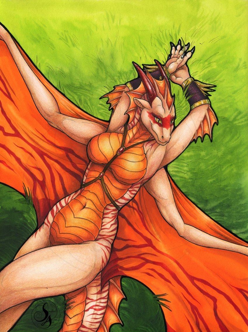 5_fingers anthro breasts claws day detailed_background featureless_breasts female fingers grass horn membrane_(anatomy) membranous_wings navel non-mammal_breasts outside plant scales smile solo spines tail wings natoli european_mythology mythology dragon mythological_creature mythological_scalie scalie western_dragon 2022 hi_res traditional_media_(artwork)