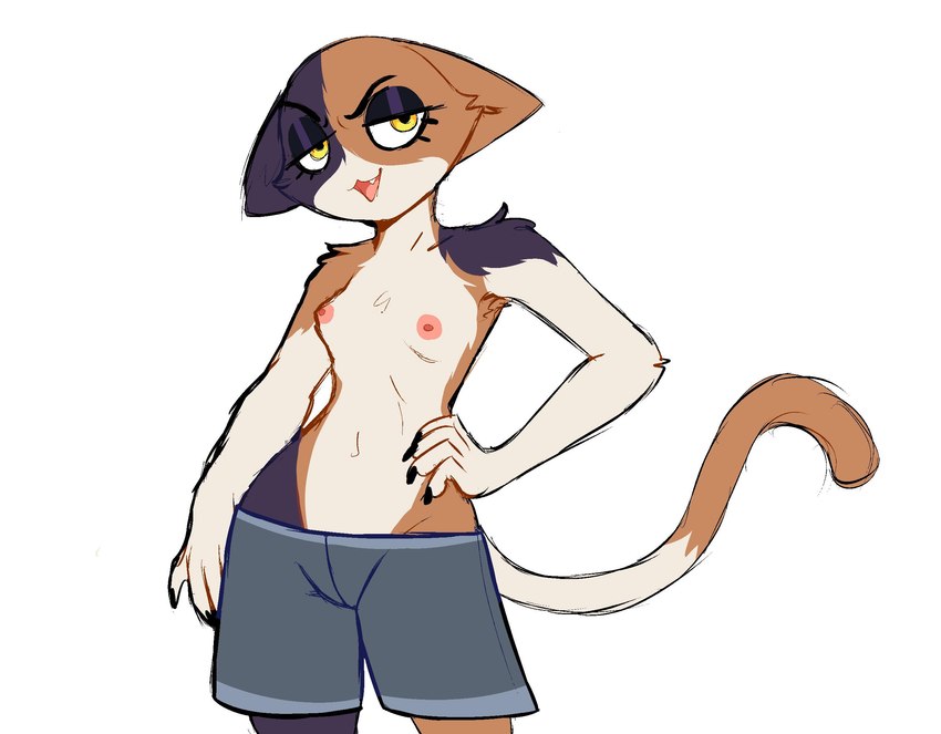 anthro areola bedroom_eyes boxers_(clothing) breasts clothed clothing female narrowed_eyes nipples seductive skinny small_breasts solo swimwear tomboy topless topless_female underwear cinnamonrug epic_games fortnite male_swimwear_challenge meow_skulls felid feline mammal hi_res