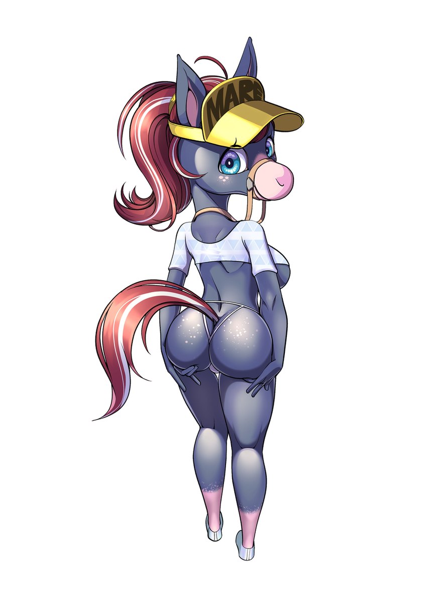 anthro breasts bridle butt clothing female hat headgear headwear reins solo thong topwear under_boob underwear white_body gashiboka animal_crossing nintendo equid equine horse mammal hi_res