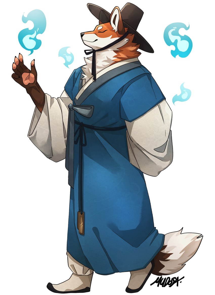 5_fingers anthro asian_clothing biped claws clothed clothing countershade_face countershade_fur countershading dipstick_tail east_asian_clothing eyebrows eyes_closed fingers fur gat_(hat) hanbok hitodama korean_clothing male markings orange_body orange_fur pawpads simple_background smile solo tail tail_markings white_background mudosa_3_1 canid canine fox mammal absurd_res hi_res