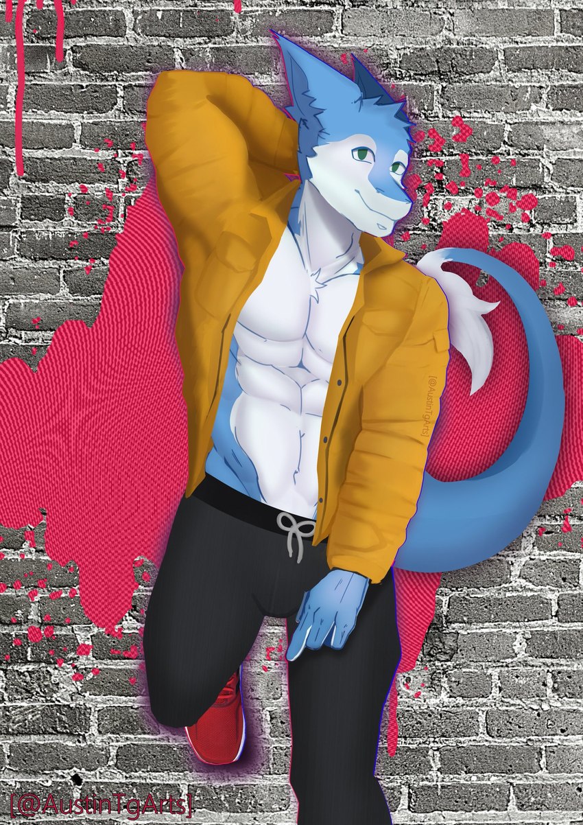 abs anthro bottomwear clothing coat footwear leaning_on_wall male muscular pants pecs shoes solo text topwear austintgarts traviss_(character) sergal english_text hi_res