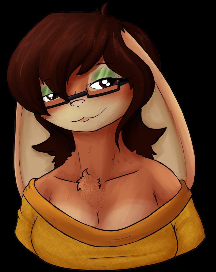 anthro big_ears breasts brown_eyes cleavage clothed clothing eyeliner eyewear female fur glasses green_eyeliner makeup seductive small_breasts small_nose solo sweater tan_body tan_fur topwear yellow_clothing yellow_sweater yellow_topwear frostedscales marrubi_(marrubi) lagomorph mammal alpha_channel hi_res