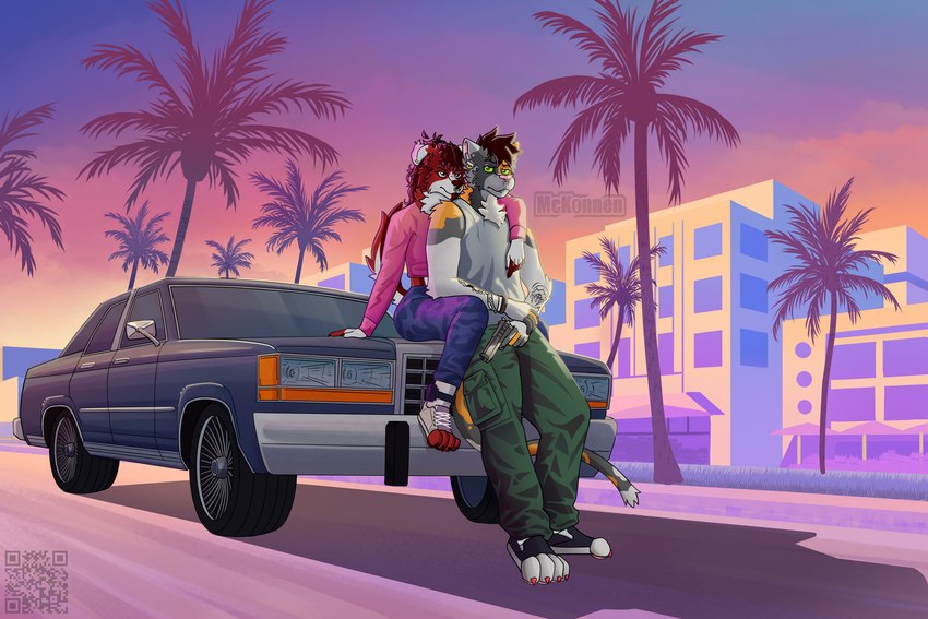 ankle_monitor anthro car clothed clothing detailed_background duo ear_piercing facial_piercing female fur gun handgun male male/female nose_piercing palm_tree piercing pistol plant pose ranged_weapon red_body red_fur sitting sitting_on_car standing tail tree vehicle weapon mckonnen grand_theft_auto grand_theft_auto_vi rockstar_games nick_mckonnen rex_(zombiedog666) border_collie calico_cat canid canine canis collie domestic_cat domestic_dog felid feline felis herding_dog mammal pastoral_dog sheepdog 3:2 detailed digital_media_(artwork) hi_res